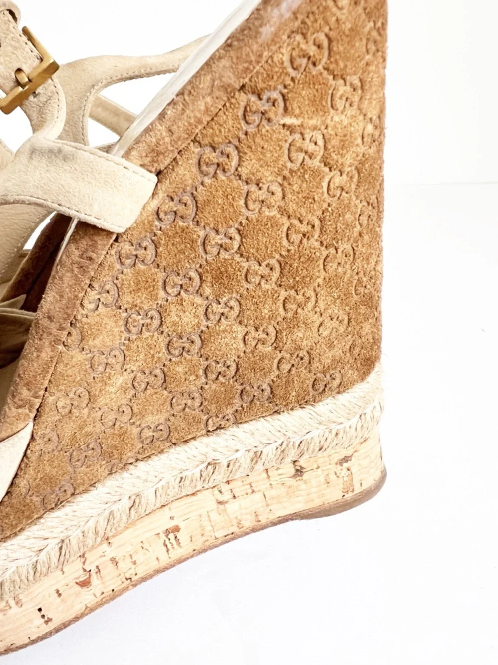 SZ 36.5 Gucci Suede Espadrille Wedge Sandals Beige Logo Platform